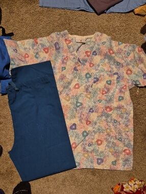 Scrub Set Peaches Uniforms Pastel Multi-Heart Print Top with Blue Pants